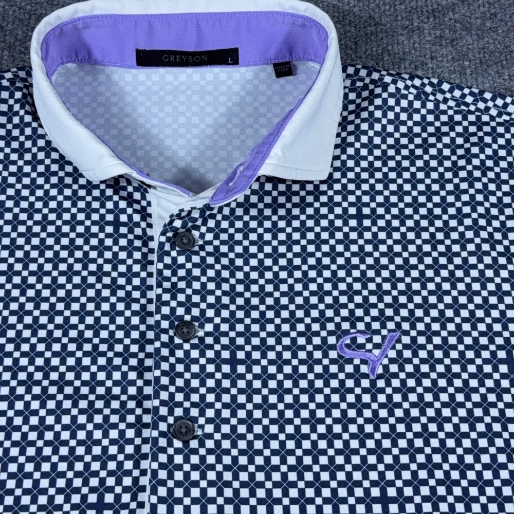 Greyson Clothiers Mens Golf Polo Shirt Large Navy White Geometric Checkered L